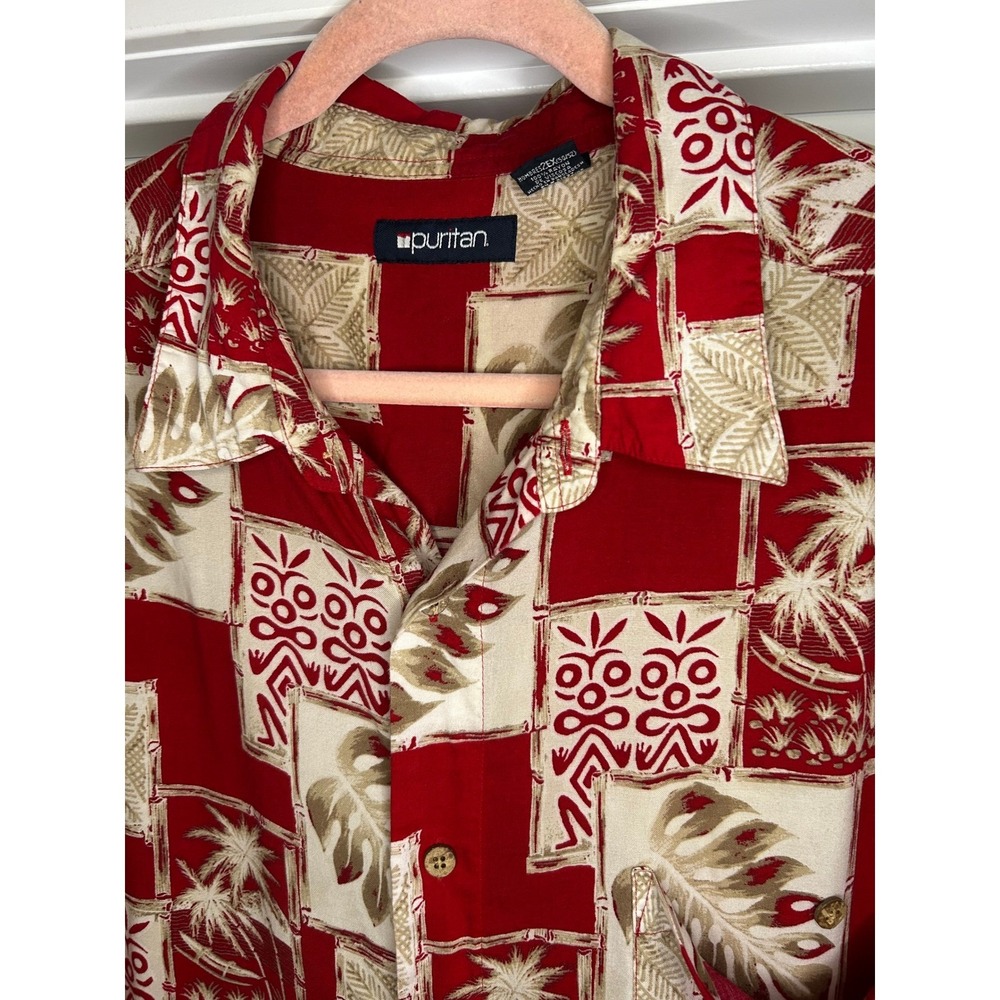 Puritan Mens Red Tropical Patchwork Hawaiian Shirt Short Sleeve Palm Leaf XXL - Picture 2 of 7